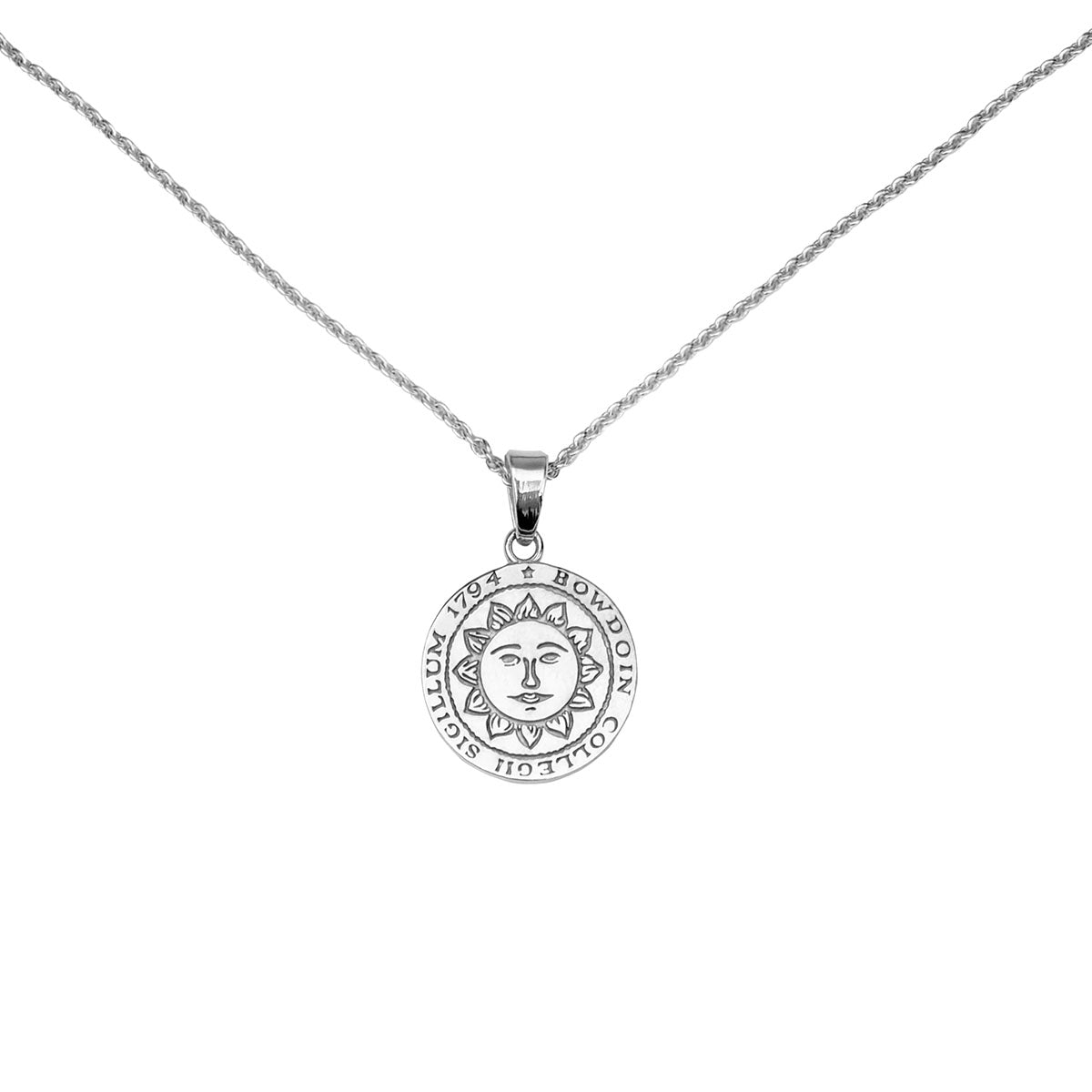 Silver necklace with Bowdoin College seal pendant.
