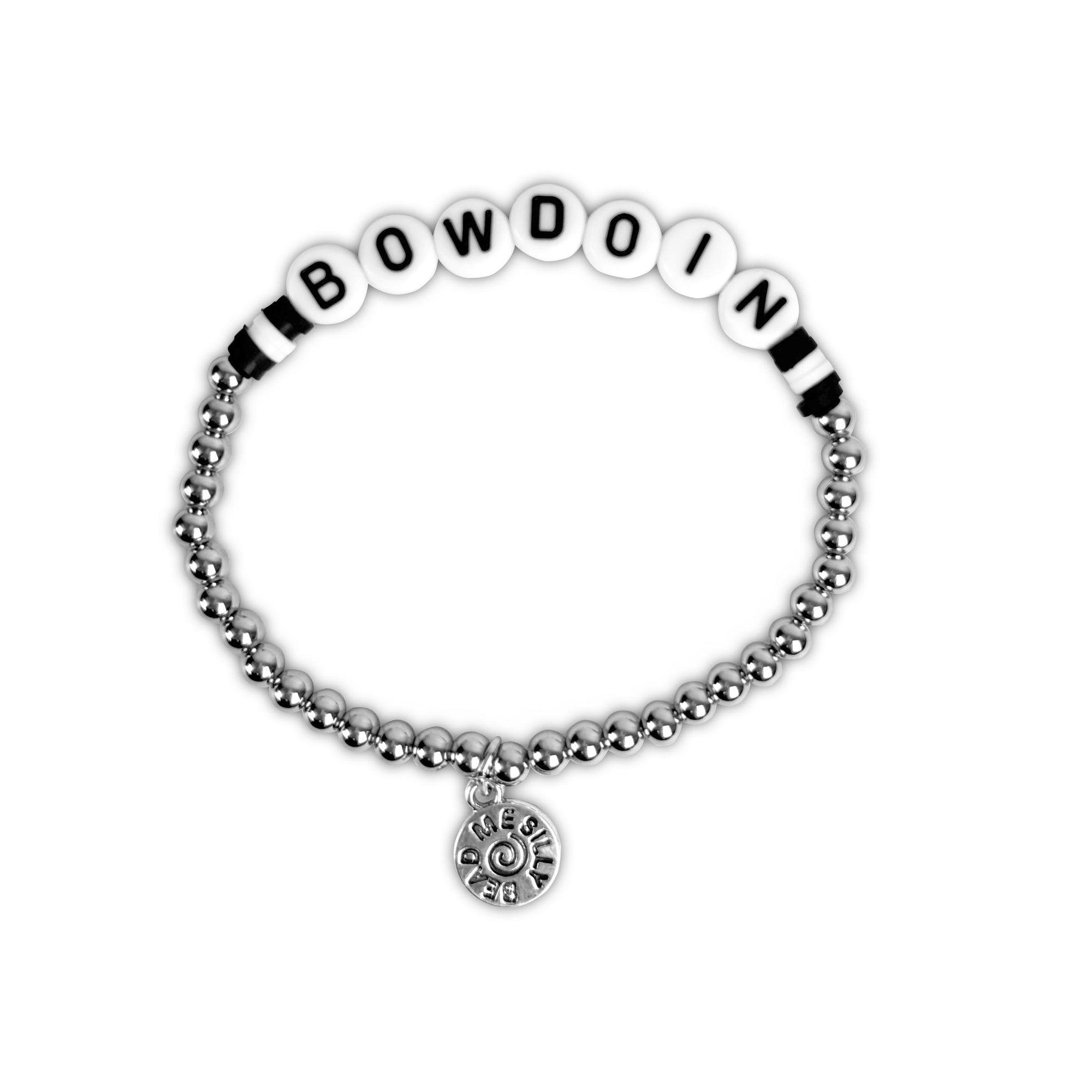 Beaded bracelet with stainless beads and black and white beads. White beads in the middle spell BOWDOIN.