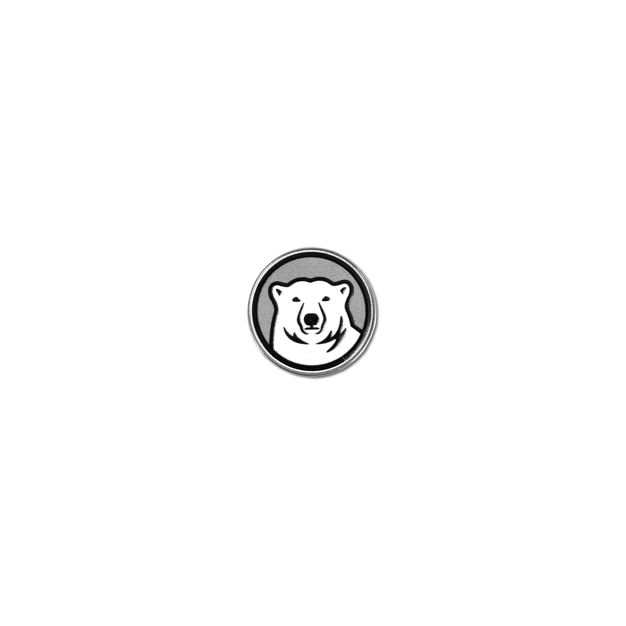 Chrome lapel pin with mascot medallion on a white background.