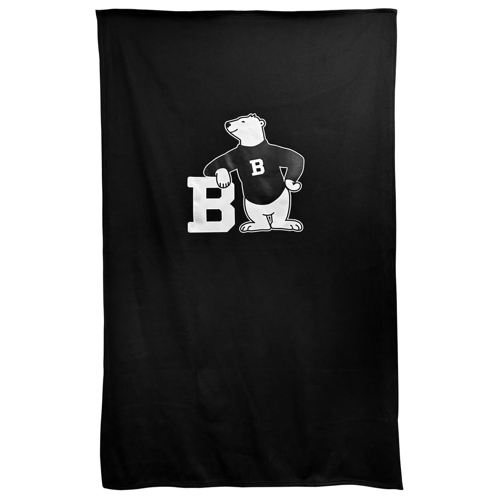 Black blanket with large imprint of cartoon polar bear wearing a black sweater with a white B. The bear is leaning on a large, white letter B.