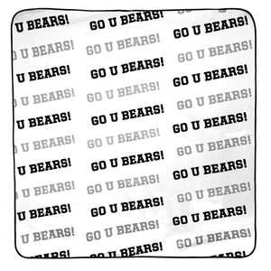 Back of blanket: White with black trim, all over print of GO U BEARS! in alternating black and grey.