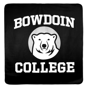 Front of blanket: Black with white BOWDOIN arched over mascot medallion over COLLEGE.