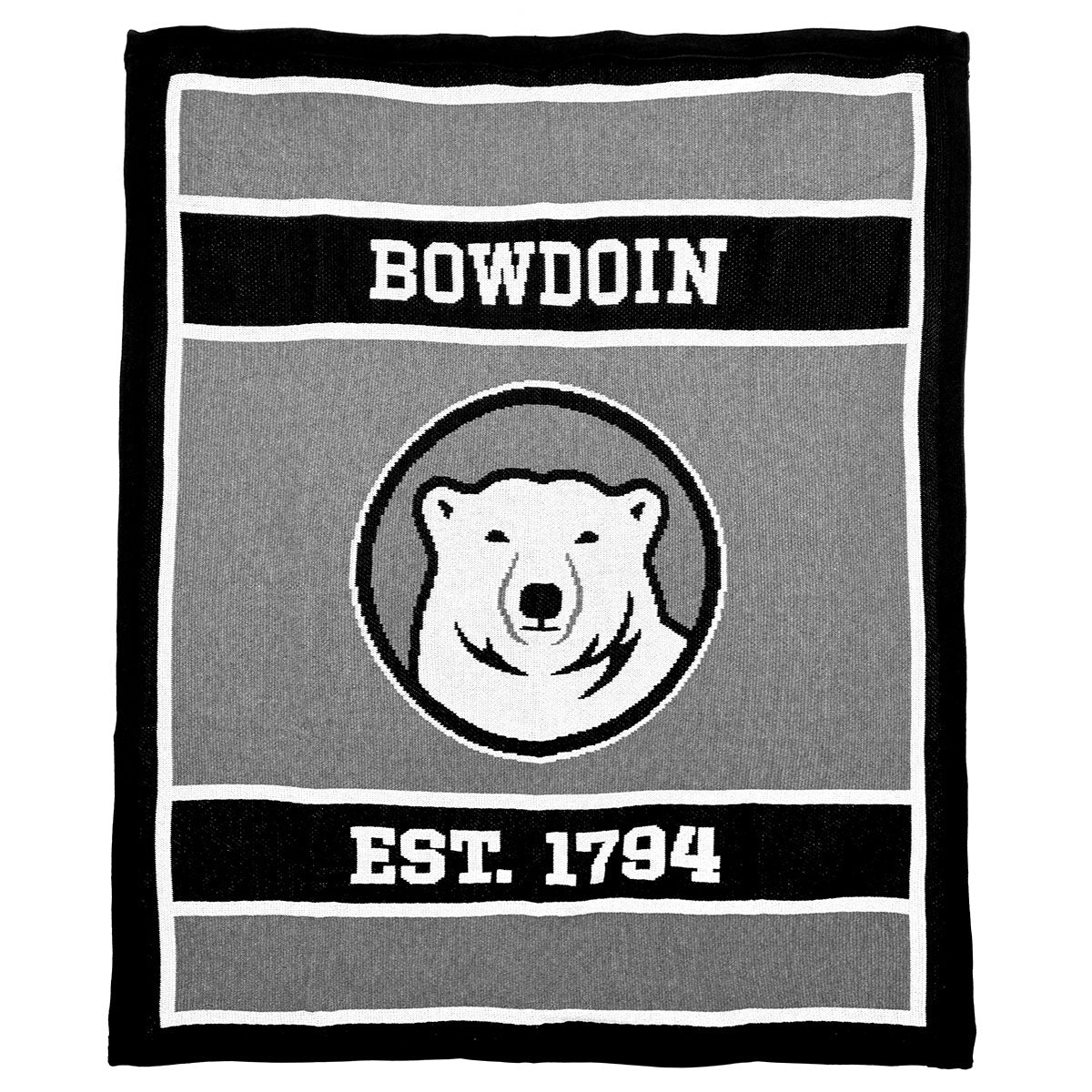 Gray blanket with bear logo and 'Bowdoin Est. 1794' text on a white background
