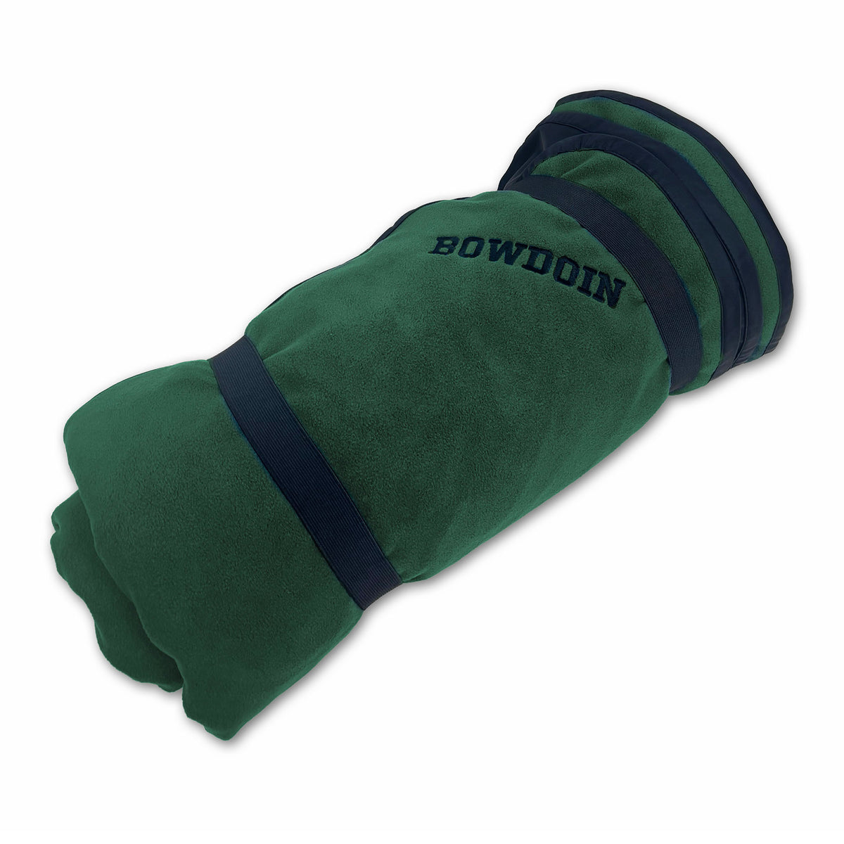 A rolled green fleece blanket featuring with black trim and the word 'BOWDOIN' embroidered on the side, shown on a plain white background.