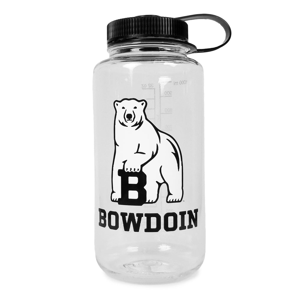 Clear wide-mouth water bottle with black lid, imprinted with Bowdoin polar bear mascot over the word BOWDOIN in black