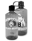 Narrow mouth bottles in smoke grey, one with Bowdoin Polar Bears and medallion, the other with mascot and Bowdoin.