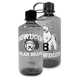 Narrow mouth bottles in smoke grey, one with Bowdoin Polar Bears and medallion, the other with mascot and Bowdoin.