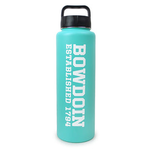 Bright teal water bottle with black lid, white imprint of BOWDOIN ESTABLISHED 1794.