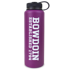 Bright purple water bottle with attached black lid, white imprint of BOWDOIN ESTABLISHED 1794.
