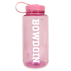 Pink widemouth Nalgene bottle with pink lid and white vertical BOWDOIN imprint.