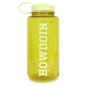 Yellow widemouth Nalgene bottle with yellow lid and yellow vertical BOWDOIN imprint.