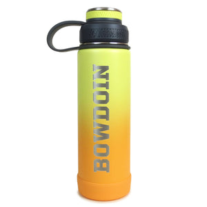 Yellow to orange ombre water bottle with rubberized screw-on lid.