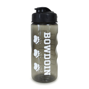 Smoke plastic water bottle with black flip top lid and finger grips. White vertical BOWDOIN and triple paw prints imprint.