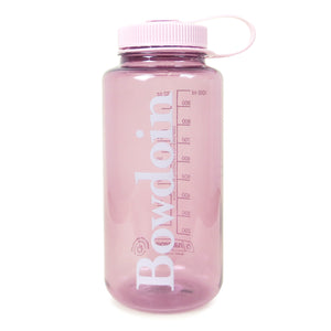 Cherry blossom pink clear water bottle with light pink colored cap and wordmark imprint.