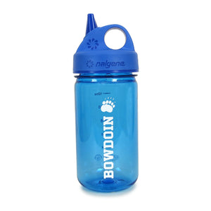 Blue water bottle with sip-top lid with white BOWDOIN and paw imprint.