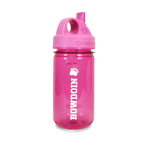 Pink water bottle with sip-top lid with white BOWDOIN and paw imprint.