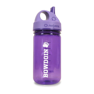 Purple water bottle with sip-top lid with white BOWDOIN and paw imprint.