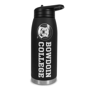 HydraPeak water bottle in matte black with glossy imprint of mascot medallion sideways over vertically aligned BOWDOIN COLLEGE in white.