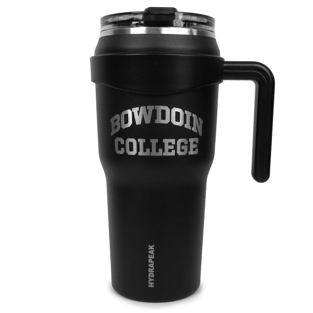 Huge black travel mug with open handle. Engraved BOWDOIN arched over COLLEGE decoration.