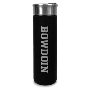 Straight cylindrical travel tumbler in black with silver vertical BOWDOIN imprint. Metal lid.