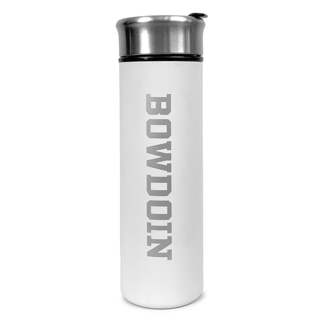 Straight cylindrical travel tumbler in white with silver vertical BOWDOIN imprint. Metal lid.