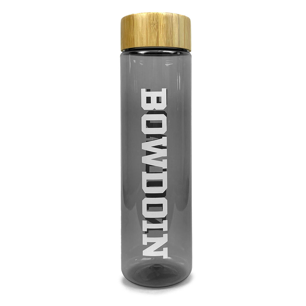 Smoke grey clear water bottle with bamboo lid and white vertical BOWDOIN imprint.