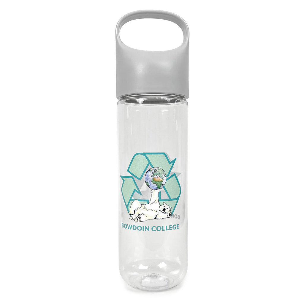 Clear plastic bottle with illustrated imprint of a polar bear holding a globe in front of a large green recycling logo, over BOWDOIN COLLEGE in green. Grey plastic lid with large carrying handle.