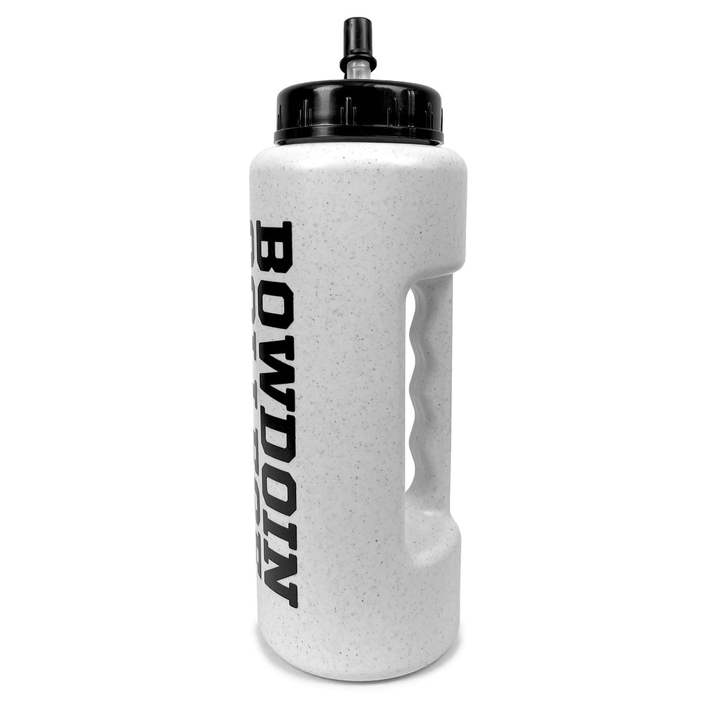 Speckled grey plastic water bottle with molded grip handle and black lid. Black vertical imprint of BOWDOIN COLLEGE.