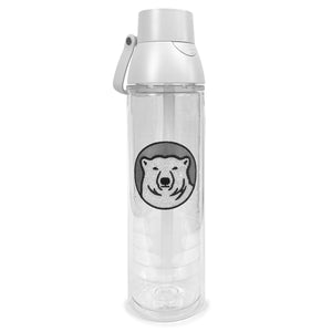 Tall clear double-walled water bottle with grey lid with carry handle and embroidered Bowdoin polar bear medallion patch.