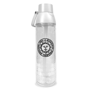 Tall clear double-walled water bottle with grey lid with carry handle and embroidered Bowdoin sun seal patch.