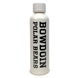 Bone white water bottle with black vertical imprint of BOWDOIN POLAR BEARS in athletic logotype.