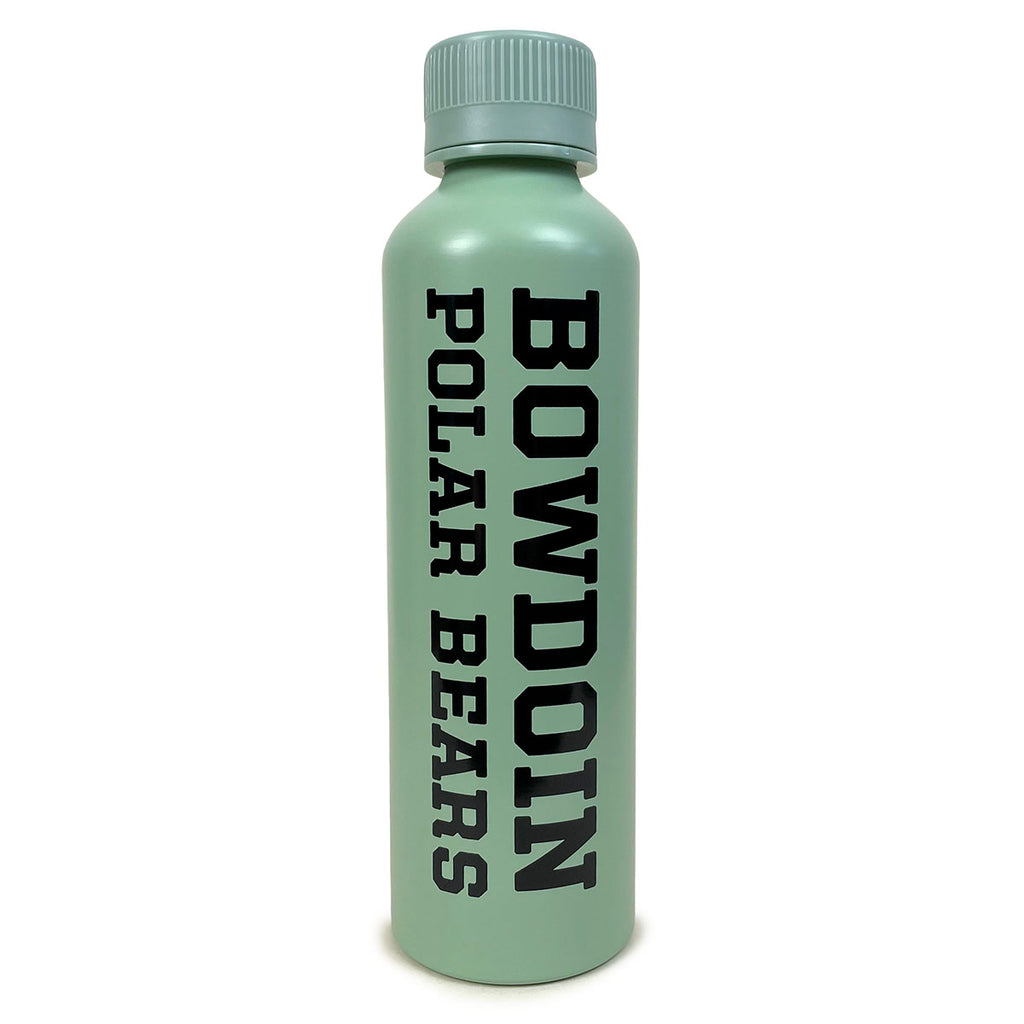 Soft green water bottle with black vertical imprint of BOWDOIN POLAR BEARS in athletic logotype.