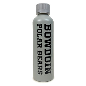 Light gray water bottle with black vertical imprint of BOWDOIN POLAR BEARS in athletic logotype.