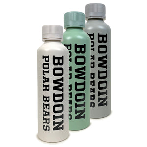 Aluminum water bottles in beige, green, and grey.