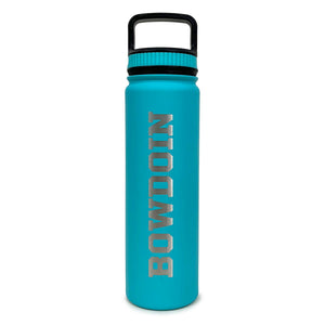 Aquamarine water bottle with black lid with matching stripe. Engraved BOWDOIN shows through in stainless steel.