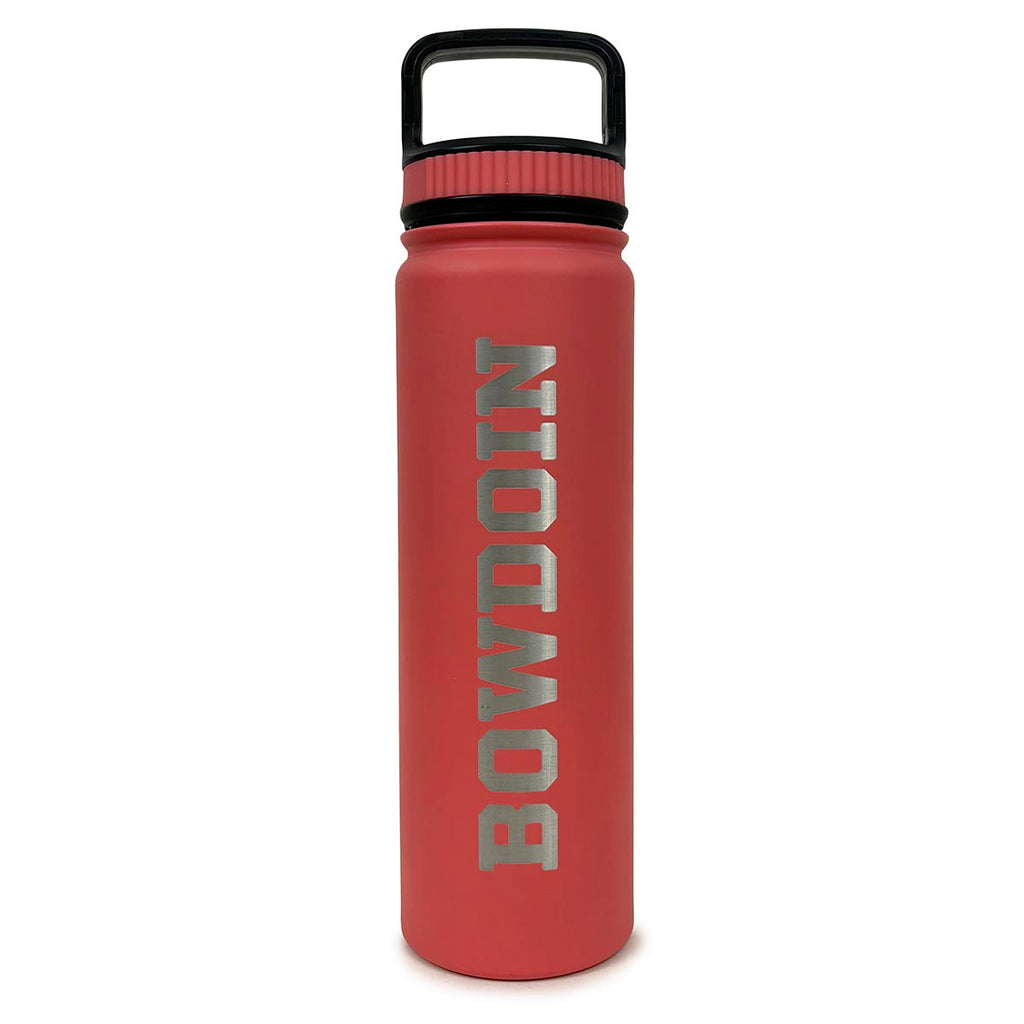 Coral water bottle with black lid with matching stripe. Engraved BOWDOIN shows through in stainless steel.