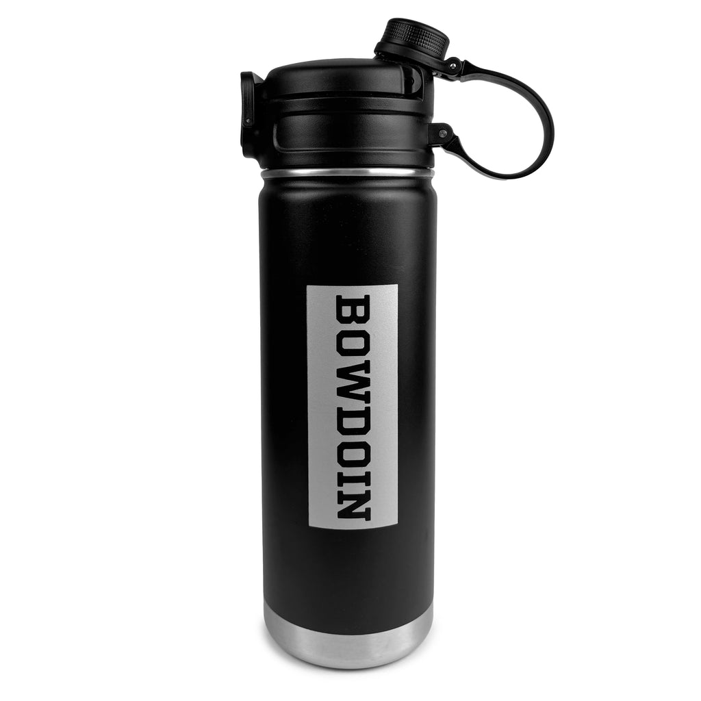 Matte black water bottle with black plastic lid and silver rectangle imprint with vertical BOWDOIN inside.