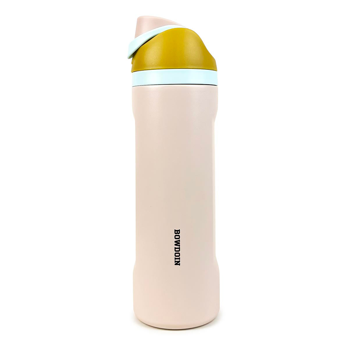 Cream water bottle with a yellow ochre cap and Bowdoin branding on a white background