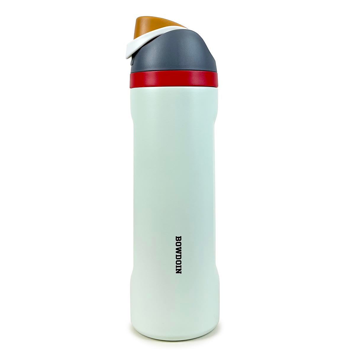 Light green water bottle with a gray cap and Bowdoin branding on a white background