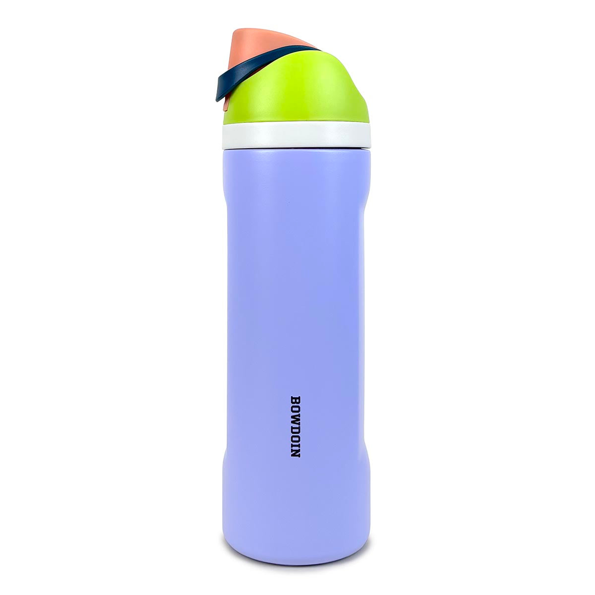 Purple water bottle with green cap and Bowdoin branding on a white background