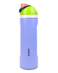 Purple water bottle with green cap and Bowdoin branding on a white background