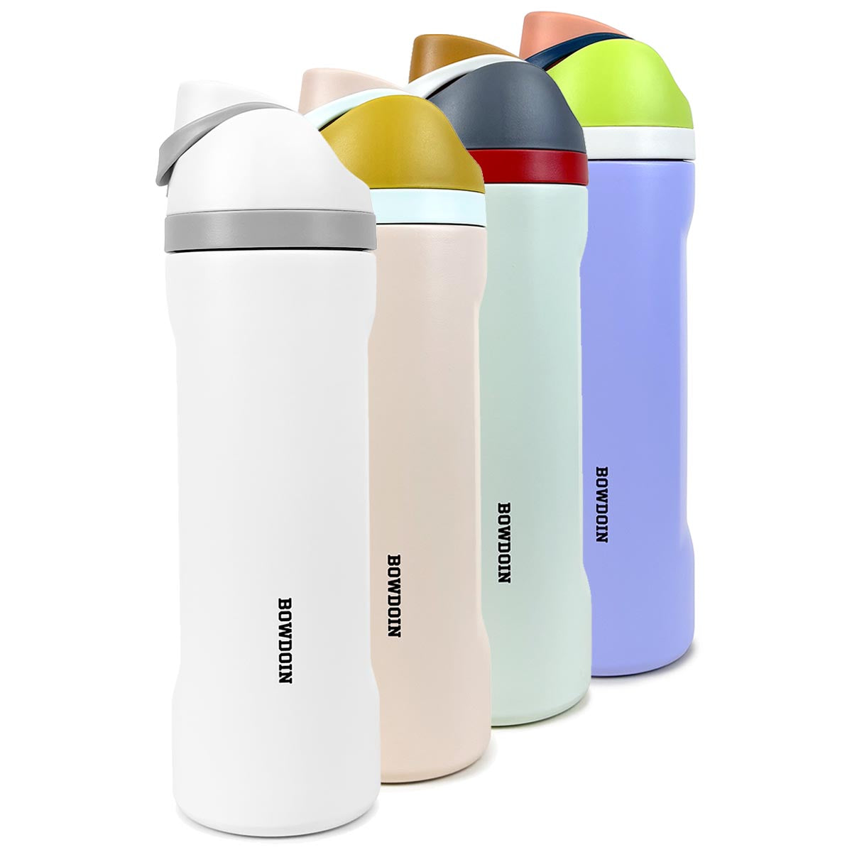 Set of colorful stainless steel water bottles with Bowdoin branding on a white background