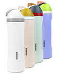 Set of colorful stainless steel water bottles with Bowdoin branding on a white background