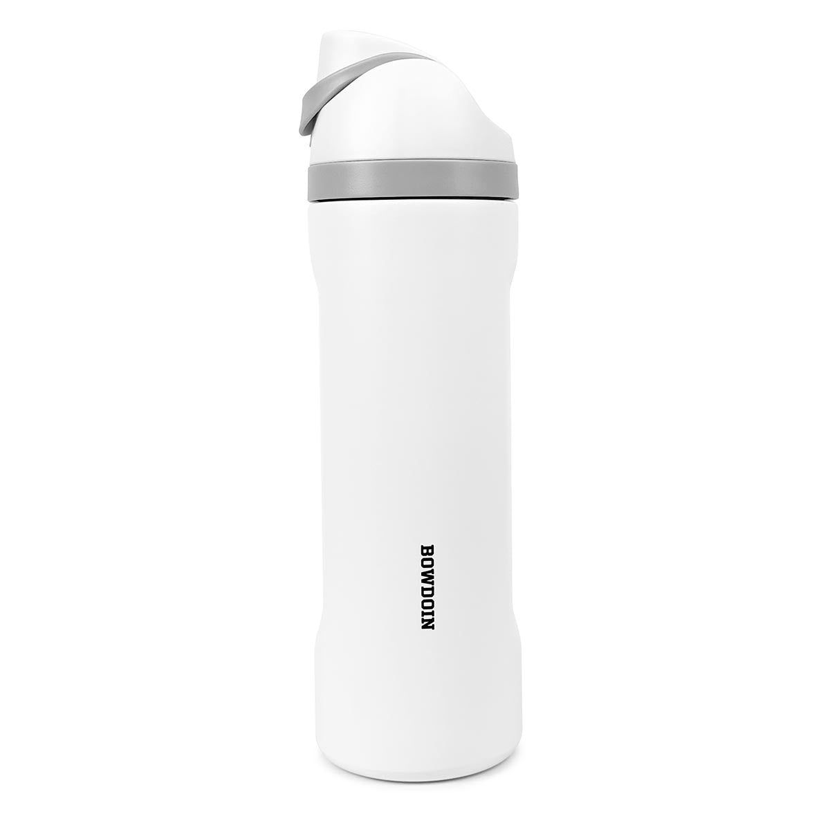 White water bottle with gray cap and BOWDOIN branding on a white background