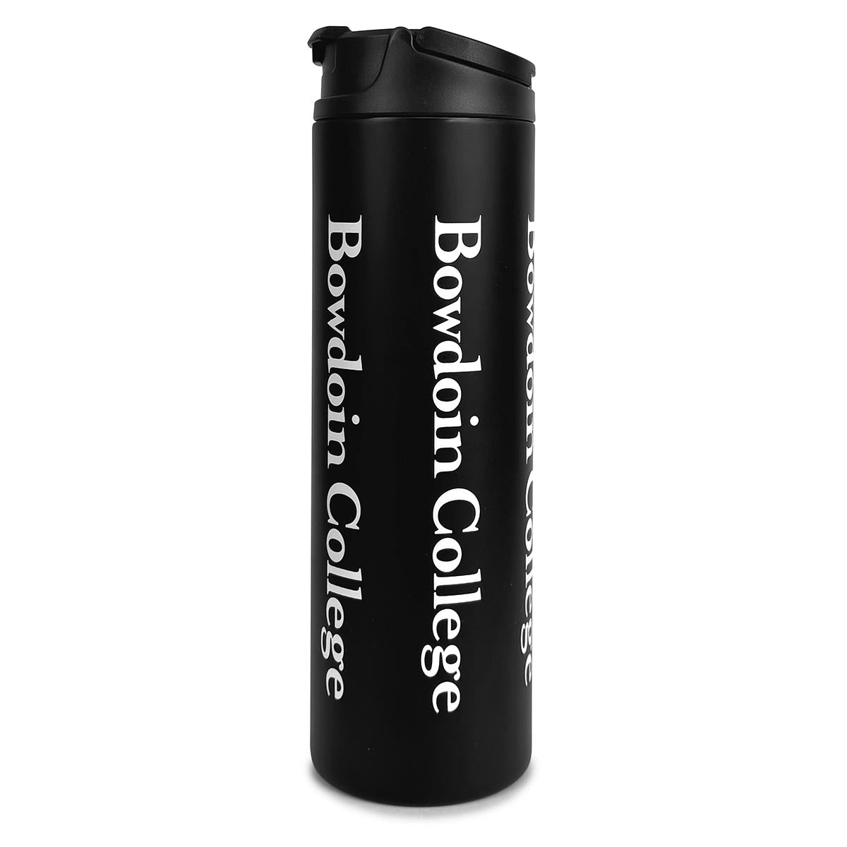 Black tumbler with 'Bowdoin College' printed on it against a white background
