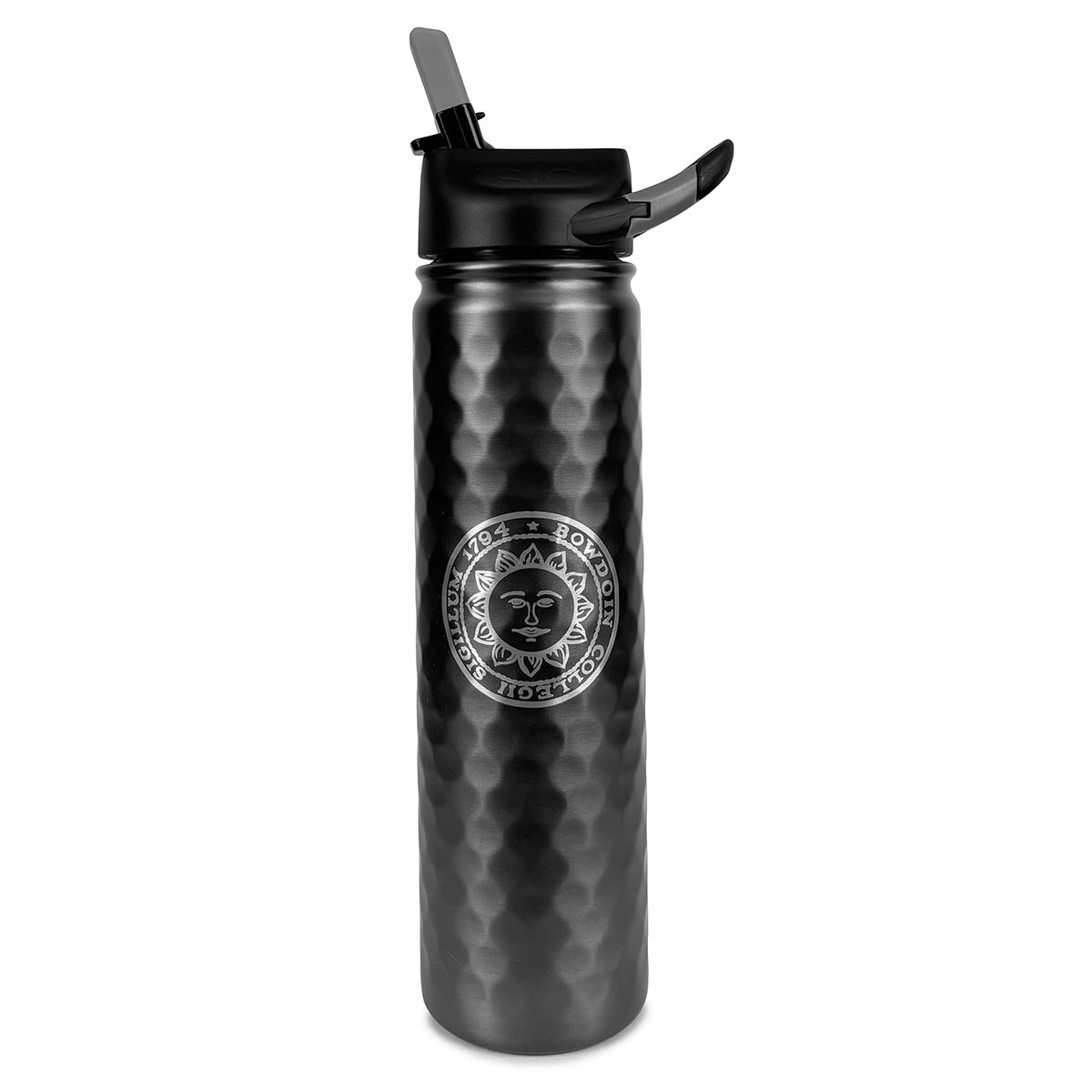 Dark grey water bottle with a textured surface and Bowdoin College seal on a white background