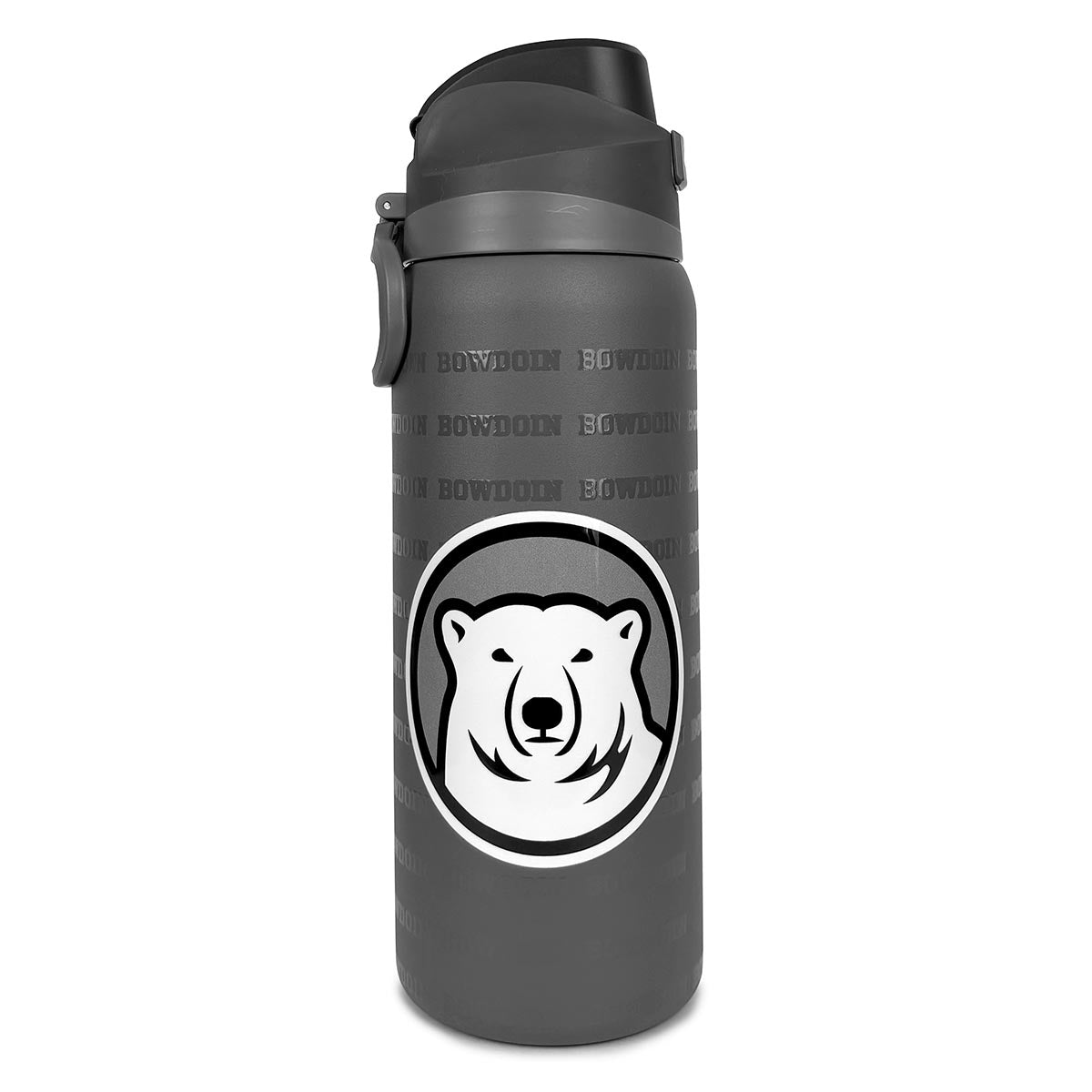 Dark gray water bottle with bear logo and 'Bowdoin' text on a white background