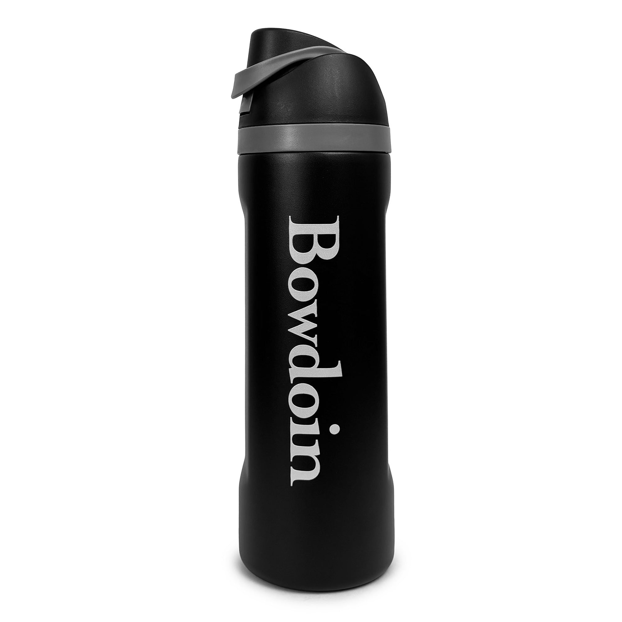 A black insulated water bottle with a gray flip-top lid and the brand name 'Bowdoin' printed vertically in silver on the front, set against a plain white background.
