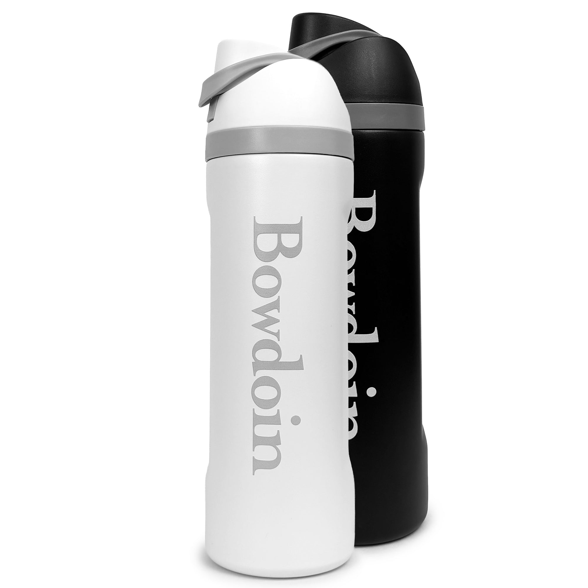 Two insulated water bottles on a white background, one white with gray accents and the word 'Bowdoin' printed vertically, and one black with gray accents and the same vertical text partially visible behind it.