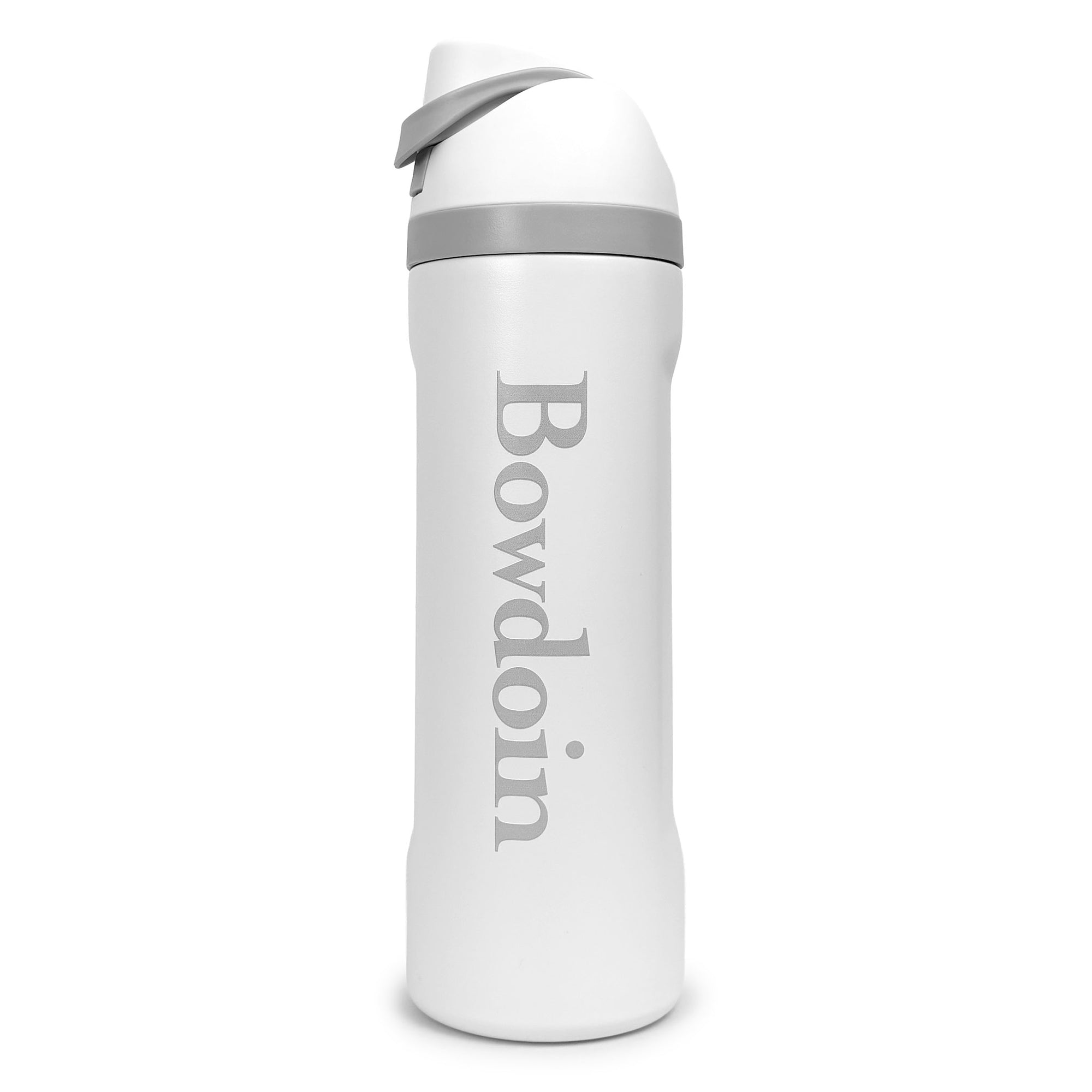A white insulated water bottle with a gray lid and silver vertical text reading 'Bowdoin' on the front, shown on a plain white background.